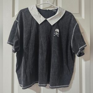 Social Collision Boxy Fit Acid Wash Collared Tee w/ Embroidered Skull Patch.
